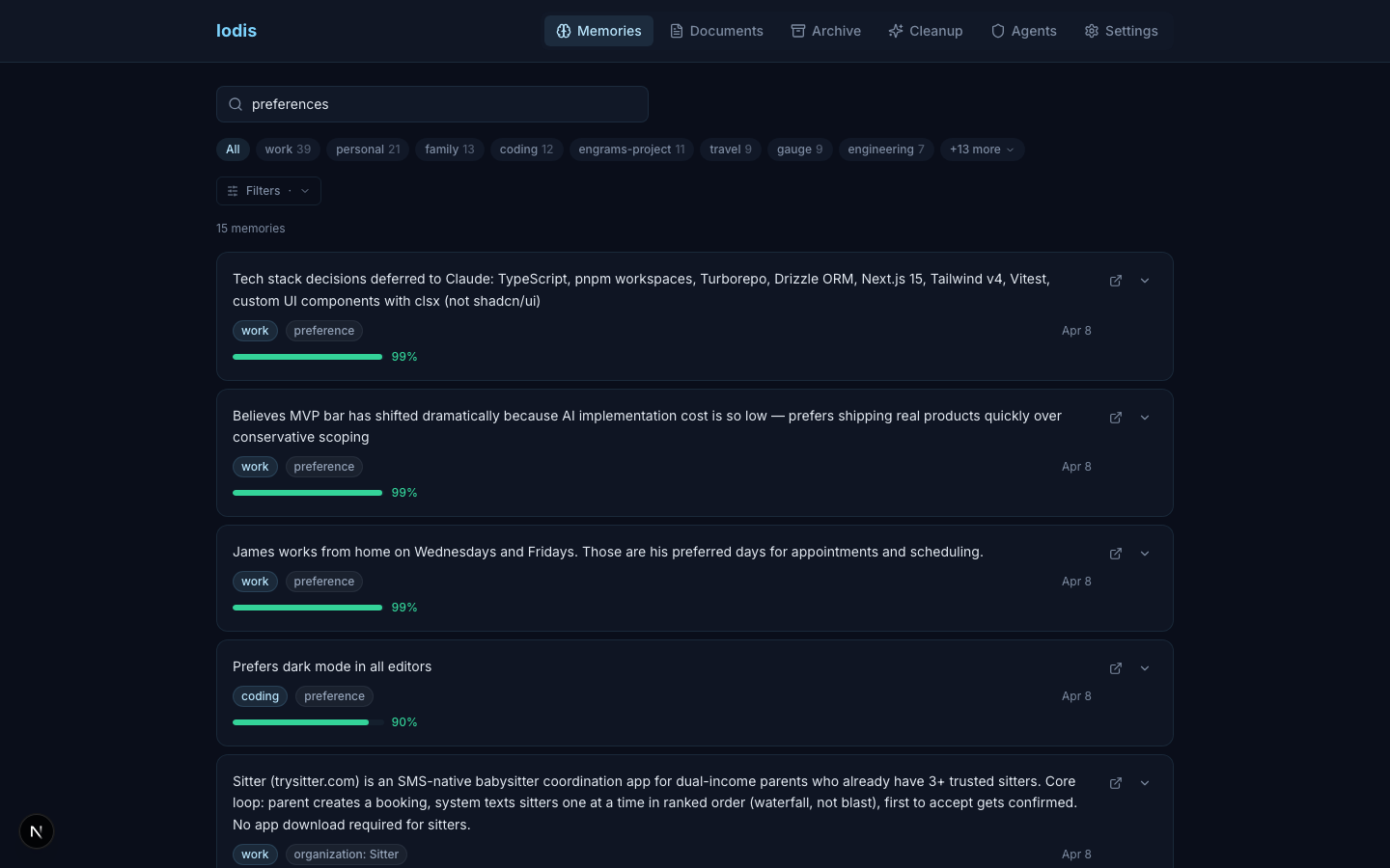 Search results showing memories with confidence scores and entity types